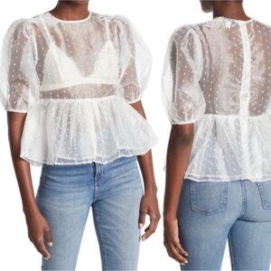 DOBBY DOT ORGANZA PUFF SLEEVE SHEER BLOUSE IN WHITE